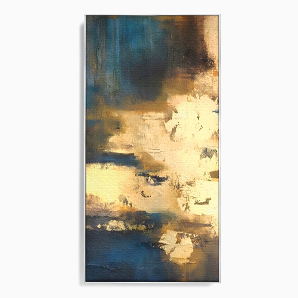 Tablou canvas cu pictura abstracta cu texturi aurii, in rama de aluminiu argintiu